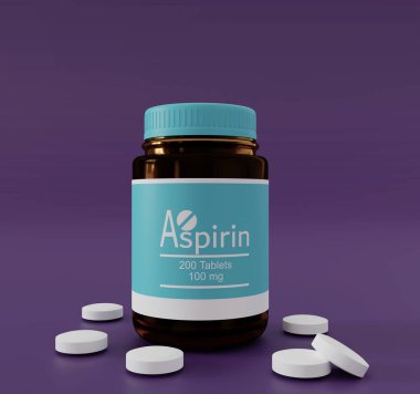 Aspirin medicine bottle with white round pills on flat surface. 3D rendering illustration.  clipart