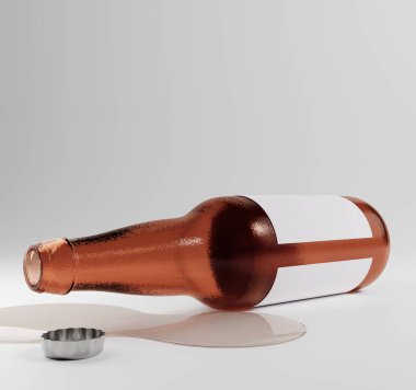 Düz yüzeyde boş bira şişesi ve fotokopi alanı. 3B resimleme. 