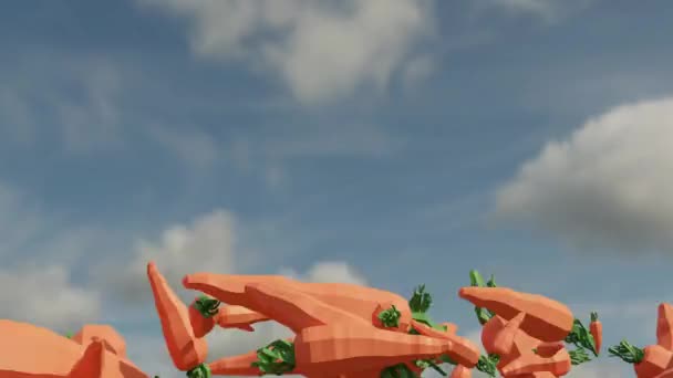 Низкая Поли Мультяшная Морковь Летящая Небо Анимация — стоковое видео
