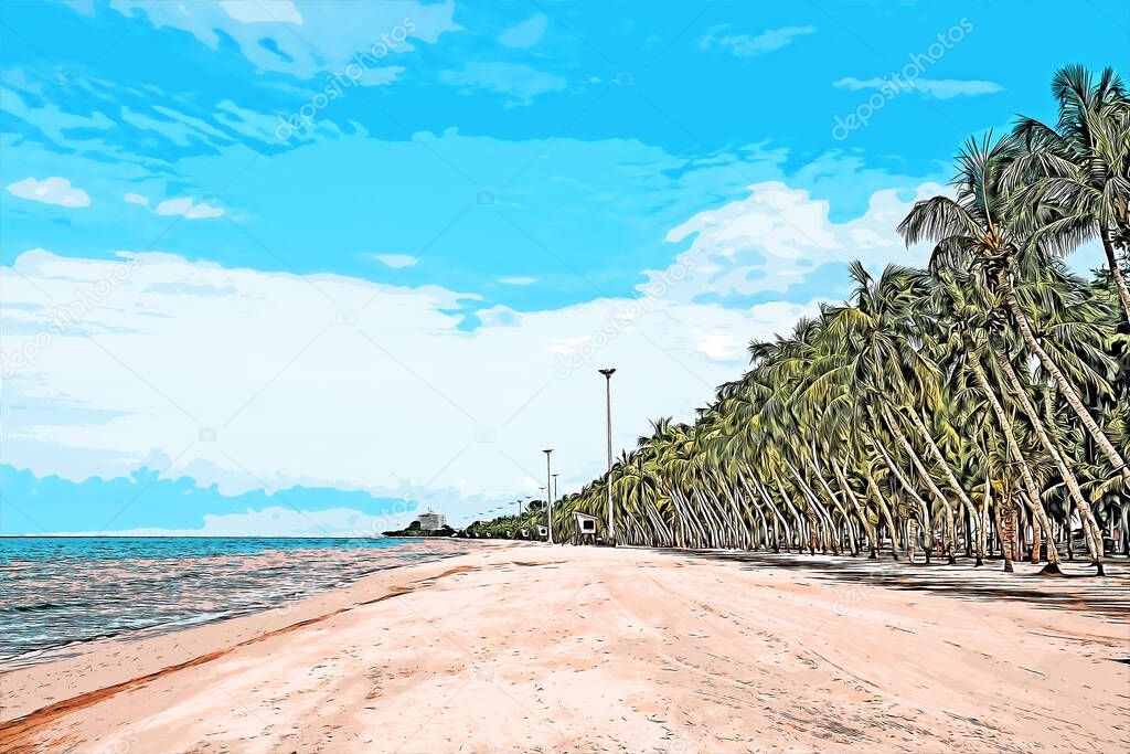 Summer vacation cartoon concept, sea landscape. tropical beach, ocean seashore, coconut and palm trees on tropical sandy beach and blue sky