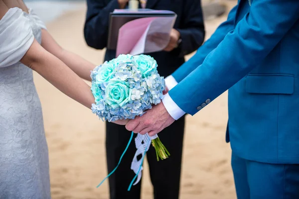 Bride Groom Married Couple Holding Hands Blue Flowers Bouquet Wedding — Stock Photo, Image