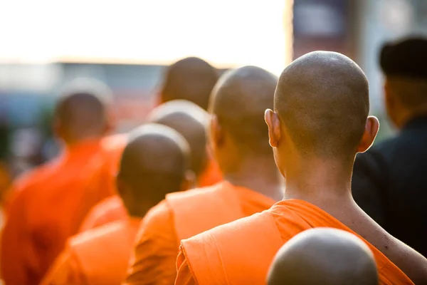 Buddhist Monks Walking Row Receive Food People Morning Back Side — Stock Photo, Image