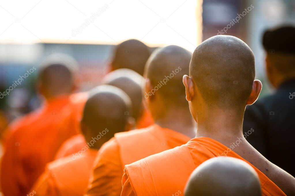 Buddhist monks are walking in row for receive food from people in morning, back side view