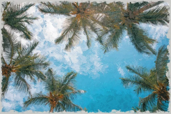 Verão Férias Conceito Pintura Óleo Palmeiras Coqueiros Céu Azul Praia — Fotografia de Stock