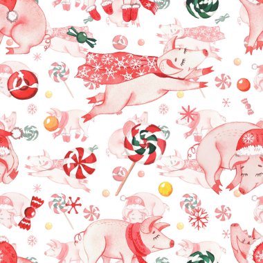 Yeni yıl domuz yavrularının suluboya desenleri, Noel süsleri, hediyeler ve tatlılar. Beyaz bir arkaplanda