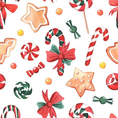 Yeni yıl şekerli suluboya desen. Beyaz bir arkaplanda