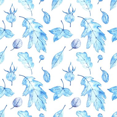 Suluboya kış yapraklı desen. Donmuş sonbahar. Beyaz bir arkaplanda