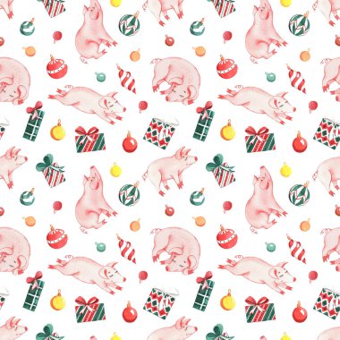 Yeni yıl domuz yavrularının suluboya desenleri, Noel süsleri, hediyeler ve tatlılar. Beyaz bir arkaplanda
