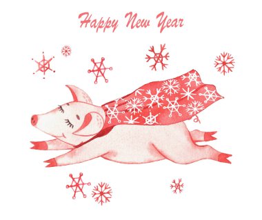 Yeni yıl domuz yavrularıyla suluboya stili baskılar. Noel zamanı. Kartpostallar. Beyaz arkaplanda izole