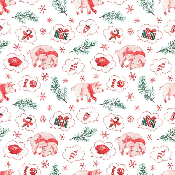 Pattern Watercolors New Year Piglets Christmas Decorations Gifts Sweets White — Stock Photo, Image