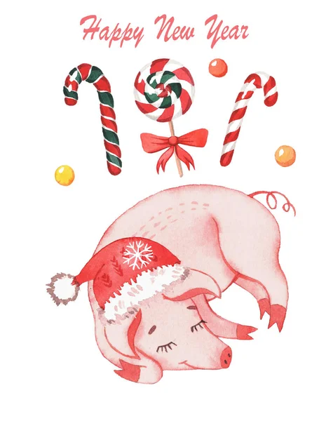 Skriver Med Nyårsgrisar Akvarellstil Julen Vykort Isolerad Vit Bakgrund — Stockfoto
