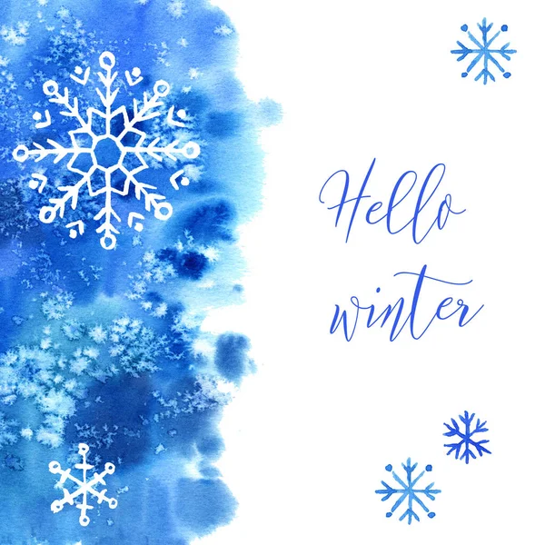 Frame Met Aquarel Sneeuwvlekken Een Witte Achtergrond Hallo Winter — Stockfoto