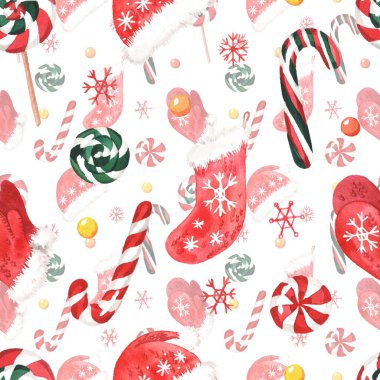 Suluboya desenli yeni yıl süslemeleri, hediyeler ve tatlılar. Beyaz bir arkaplanda