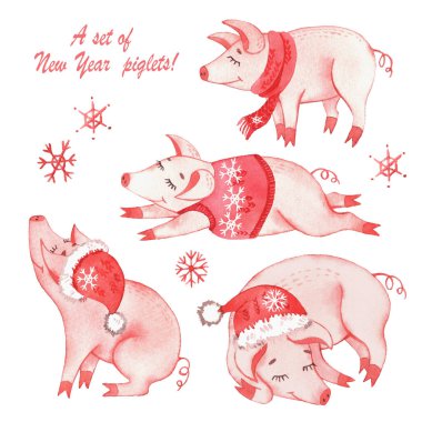 Yeni Yıl domuzları ve suluboya kıyafetlerle dolu. Noel zamanı. Kartpostallar. Beyaz arkaplanda izole