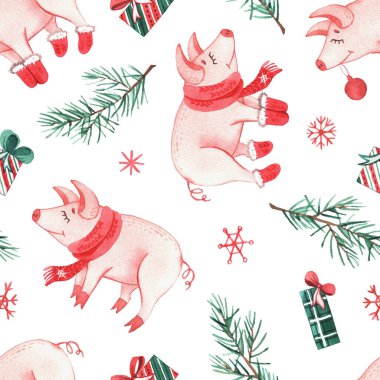 Yeni yıl domuz yavrularının suluboya desenleri, Noel süsleri, hediyeler ve tatlılar. Beyaz bir arkaplanda