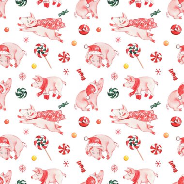 Yeni yıl domuz yavrularının suluboya desenleri, Noel süsleri, hediyeler ve tatlılar. Beyaz bir arkaplanda