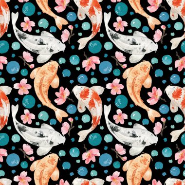 Japonca temalı suluboya şekilli kusursuz desen. Sazan balığı. Japon unsurları Beyaz arkaplanda