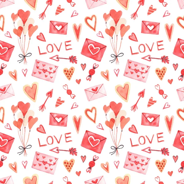 Watercolor Seamless Pattern Elements Valentine Day White Background Hearts Sweets — Stock Photo, Image