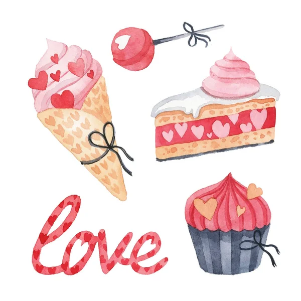 Watercolor Set Elements Valentine Day White Background Hearts Sweets Balls — Stock Photo, Image