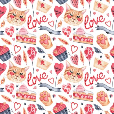 Beyaz bir arka planda Sevgililer Günü için elementlerle suluboya desenleri. Kalpler, şekerler, toplar, kek, dondurma, pasta, kedi, hediyeler ve diğer sevimli eşyalar.