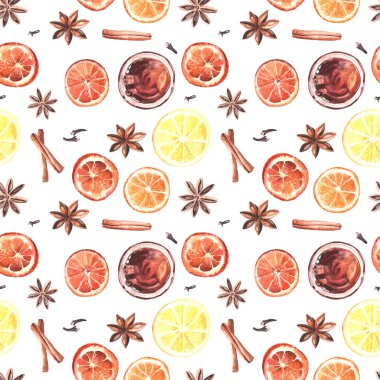 Suluboya stilinde, sıcak şarap için elementlerden yapılmış kusursuz bir desen. Beyaz arkaplandaki izole nesne