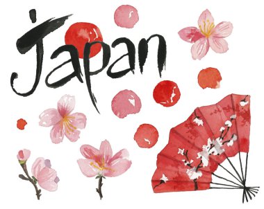 Japonca temalı suluboya seti. Suluboya suşi. Japon unsurları, şans tılsımları. Beyaz arkaplanda