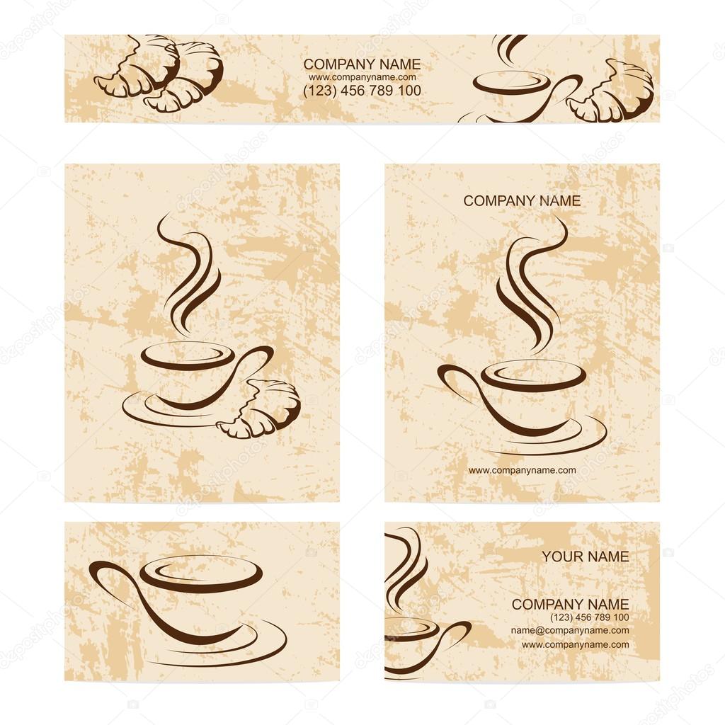 Set of business cards with cup of coffee ans croissant