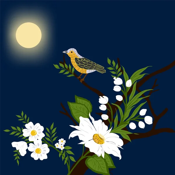 Ilustración floral con aves — Vector de stock