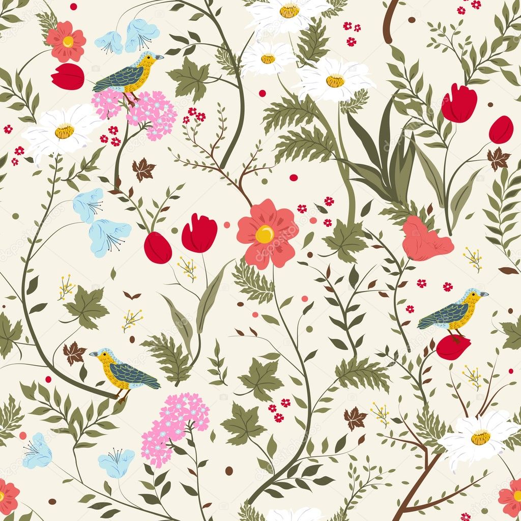 Seamless pattern with plants and birds