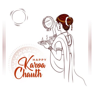 Karva Chauth festivali kutlaması sırasında aya bakan Hintli kadının vektör çizgisi çizimi