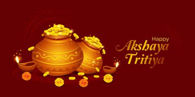Happy Akshaya Tritiya, Indian religious festival background with vector design of Kalasha or Pot full of Gold Coins, Greeting Text, and Decoration on red background. clipart