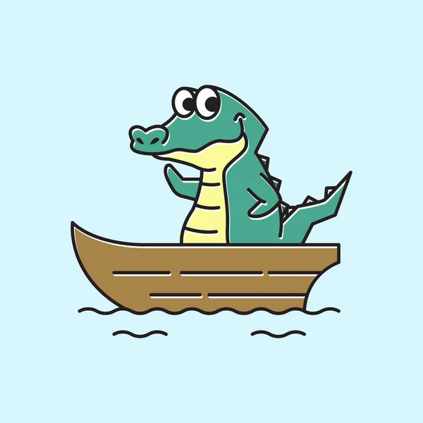Crocodilo Jacaré Barco Navio Engraçado Personagem Bonito Dos Desenhos Animados — Vetor de Stock