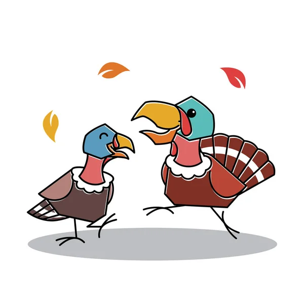Ευτυχισμένος Χορός Τουρκία Πουλί Ζευγάρι Φθινόπωρο Ημέρα Ευχαριστιών Χαρακτήρας Γελοιογραφία — Διανυσματικό Αρχείο