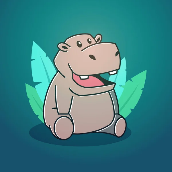 Lindo Feliz Grande Hipopótamo Hipopótamo Sentado Hojas Mascota Carácter Dibujos — Vector de stock