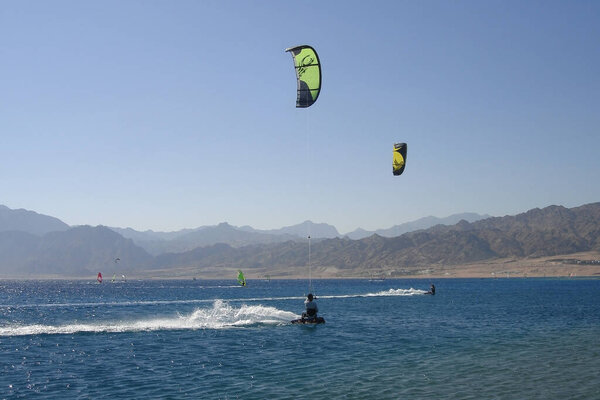 Dahab, South Sinai, Egypt-October 2014: kitesurfing in the Red sea.