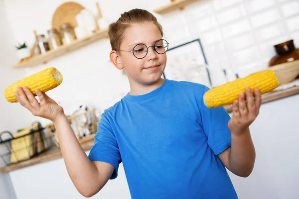 Little Boy Glasses Blue Shirt Holding Fresh Corn — Stock Photo, Image