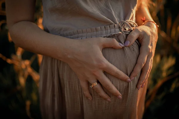 Mujer Rubia Joven Embarazada Con Pelo Largo Atardecer Gran Campo — Foto de Stock
