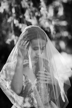 Ormanda ve göl kenarında akşam yürüyüşüne çıkmış mutlu genç bir çift. Gelin mavi bir gelinlik giyiyor..