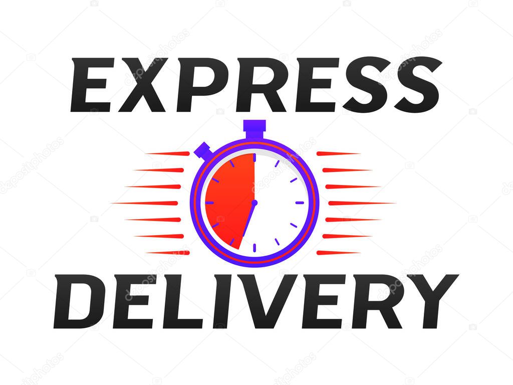 Express delivery logo banner icon for apps and website isolated on white background. Fast shipping symbol. Fast time delivery order with stopwatch. Quick shipping icon. Vector illustration, eps 10.