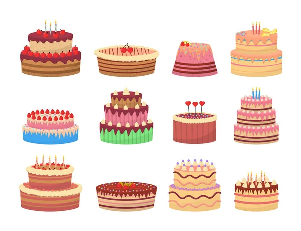 Zestaw smaczne desery, torty urodzinowe ze świecami. — Wektor stockowy