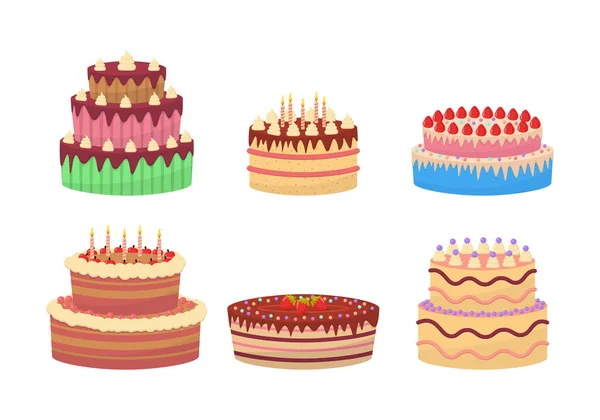 Set smakelijke desserts, verjaardagstaart met kaarsen. — Stockvector
