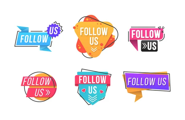 Volg ons, spraakbelletje. Promo sticker, badge. — Stockvector