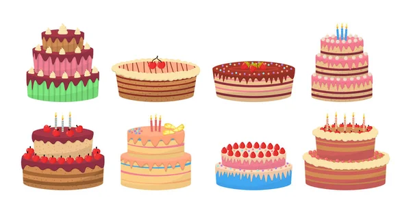 Set sabrosos postres, pasteles de cumpleaños con velas. — Vector de stock