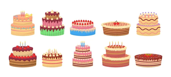 맛있는 디저트, 촛불달린 생일 케이크. — 스톡 벡터