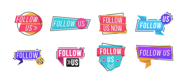 Volg ons, spraakbelletje. Promo sticker, badge. — Stockvector