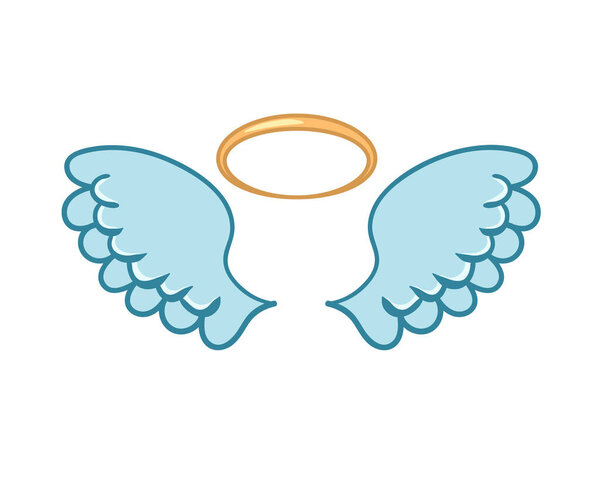 Flying angel wings flat with golden halo.