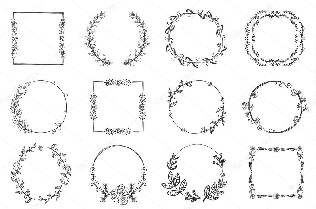 Set of floral hand drawn frames doodle.