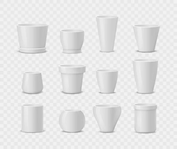 Set of realistic white ceramic flower pots. — Stock Vector