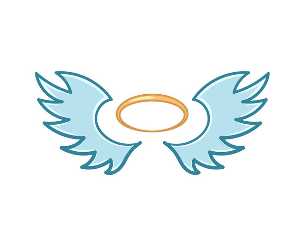 Flying angel wings flat with golden halo.
