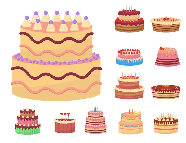 Set sabrosos postres, pasteles de cumpleaños con velas. — Vector de stock